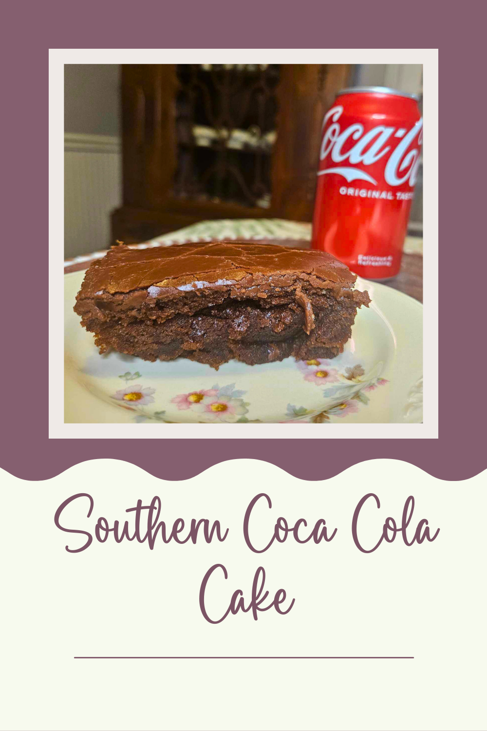 a slice of traditional southern coca cola cake on an antique plate with a coca cola can in the background